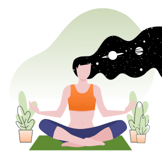Woman meditating in lotus position with cosmic hair and plants